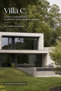 Vue extérieure de la villa C à Laethem-Saint-Martin, mettant en avant son architecture contemporaine.