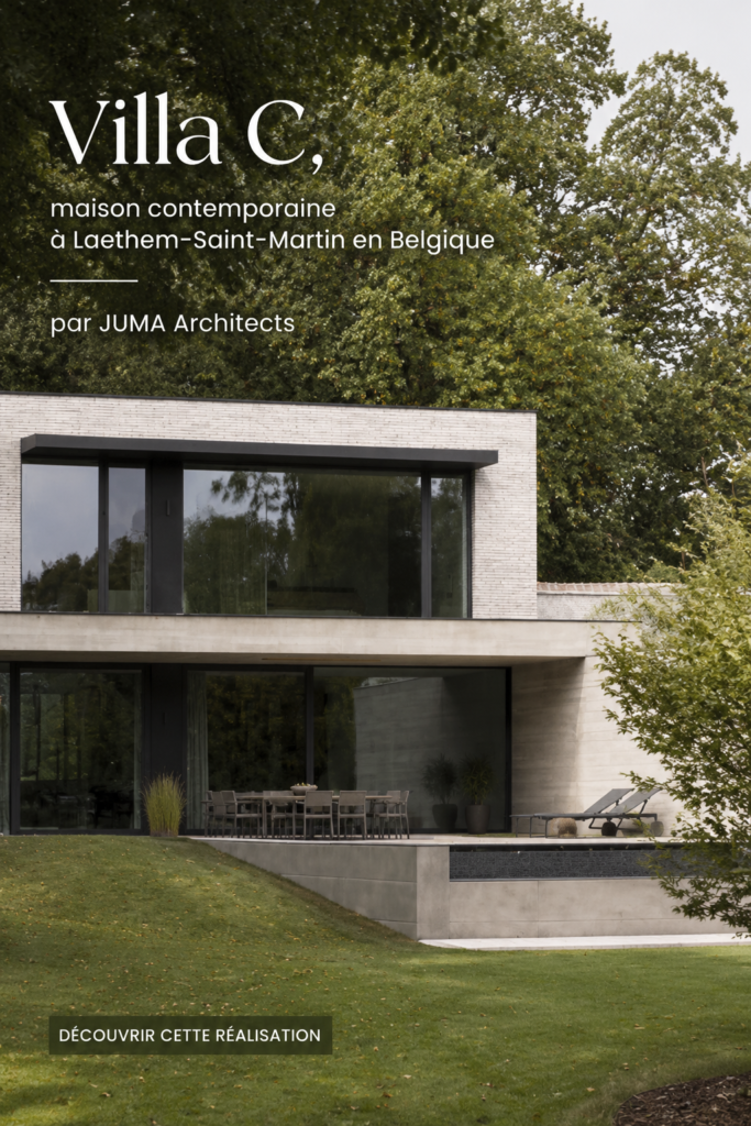 Vue extérieure de la villa C à Laethem-Saint-Martin, mettant en avant son architecture contemporaine.