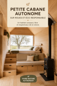 Vue extérieure d'une petite cabane écoresponsable entourée de nature