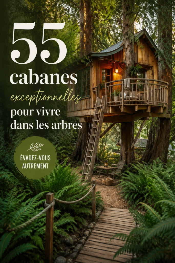 Cabanes en bois perchées dans les arbres offrant une vue apaisante sur la nature.