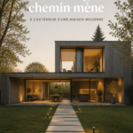 Chemin d'accès moderne en pierre grise intégré à un jardin verdoyant.