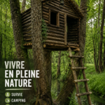 Femme construisant un abri en bois en pleine nature