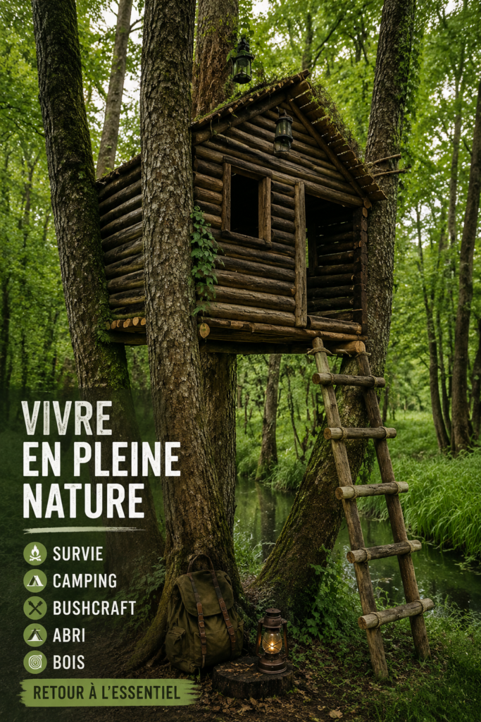 Femme construisant un abri en bois en pleine nature