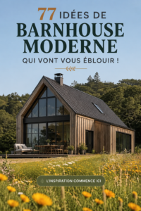 Design moderne d'une maison de ferme avec des matériaux accolés et des espaces ouverts.