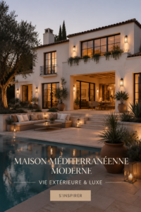 Une terrasse méditerranéenne moderne avec des meubles en osier élégants et des plantes luxuriantes.