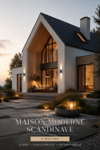 Intérieur moderne scandinave avec des meubles en bois clair et une décoration minimaliste, évoquant chaleur et confort