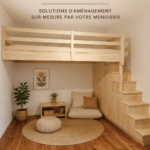 Un lit superposé en bois avec des draps colorés et des hochets décoratifs, créant un espace accueillant pour les enfants.