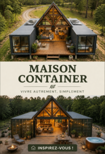 Une maison moderne construite à partir d'un conteneur maritime, intégrée dans un environnement naturel.