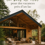 Une maison en bois moderne au bord d'un lac, dans un cadre naturel paisible.