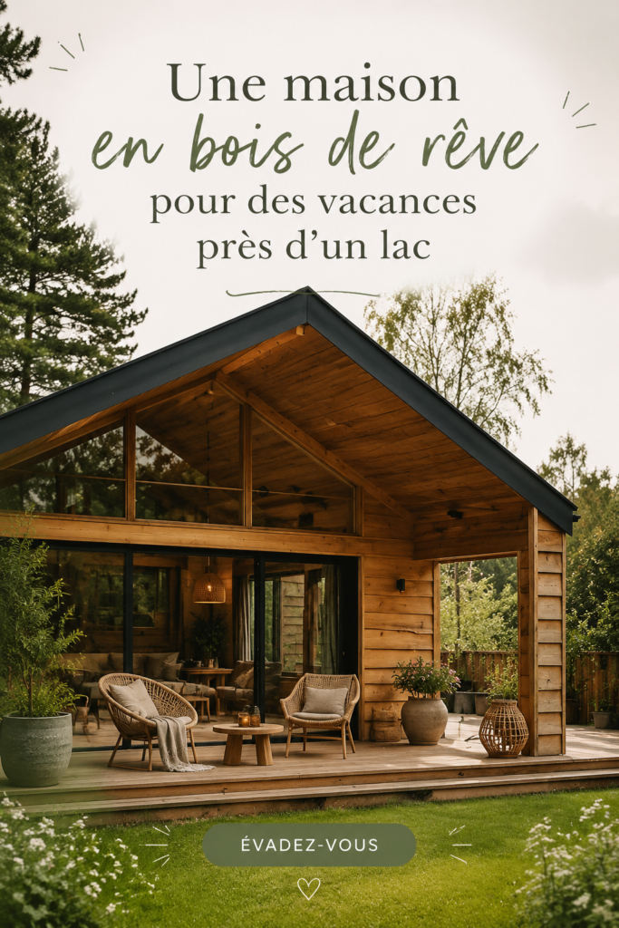 Une maison en bois moderne au bord d'un lac, dans un cadre naturel paisible.