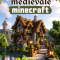 Maison médiévale construite dans Minecraft, avec des murs en pierre et un toit en tuiles
