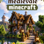 Maison médiévale construite dans Minecraft, avec des murs en pierre et un toit en tuiles
