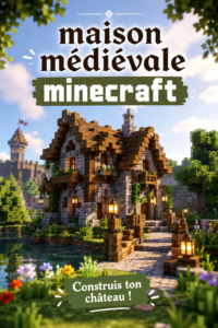 Maison médiévale construite dans Minecraft, avec des murs en pierre et un toit en tuiles