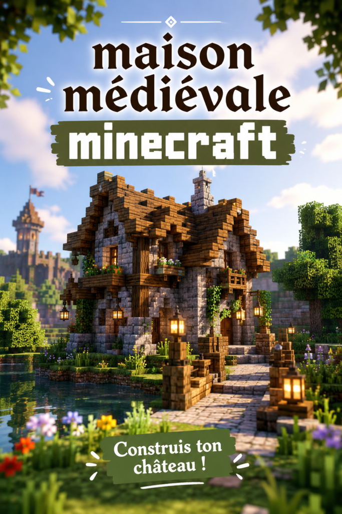 Maison médiévale construite dans Minecraft, avec des murs en pierre et un toit en tuiles