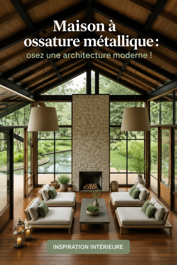 Maison moderne à ossature métallique avec lignes épurées et fenêtres larges.