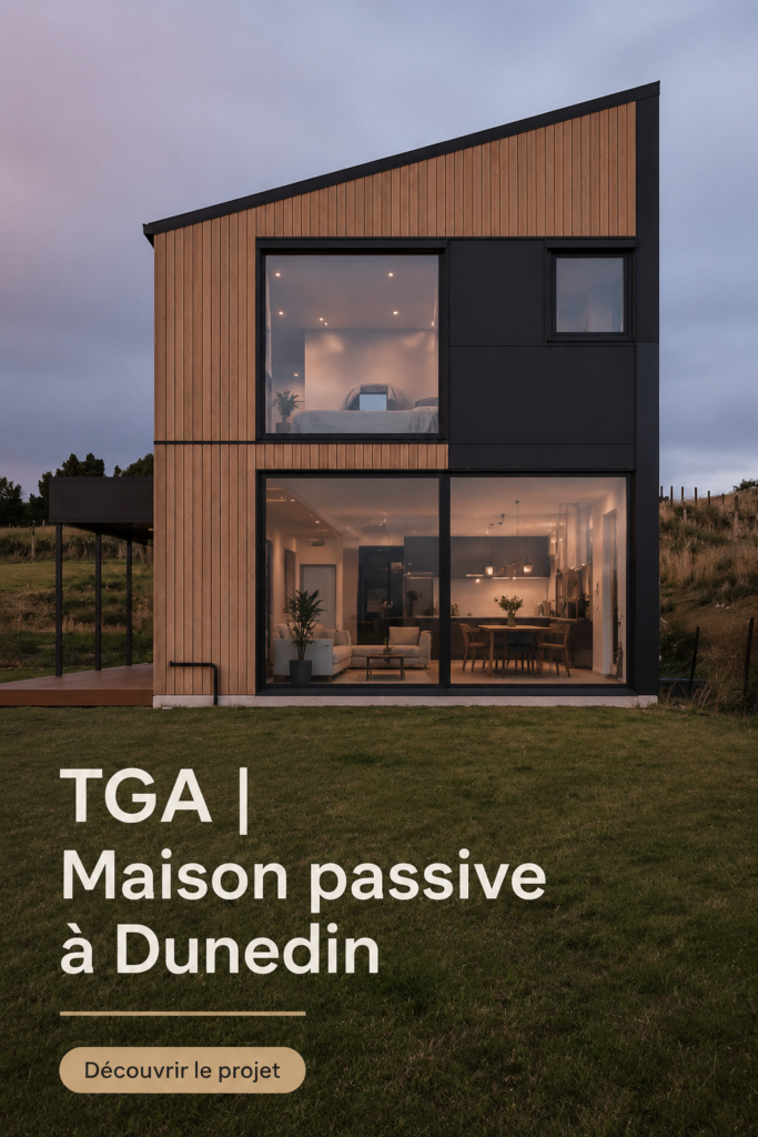 Vue d'une maison passive à Dunedin, illustrant l'architecture écologique et durable.