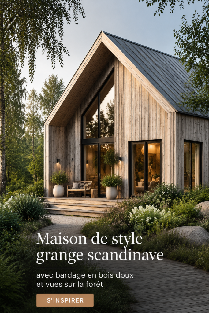Maison scandinave avec bardage en bois et vue sur la forêt