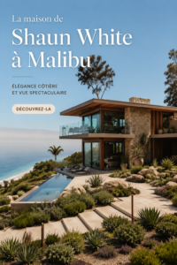Vue extérieure de la maison de Shaun White à Malibu, avec un design moderne et des paysages environnants.