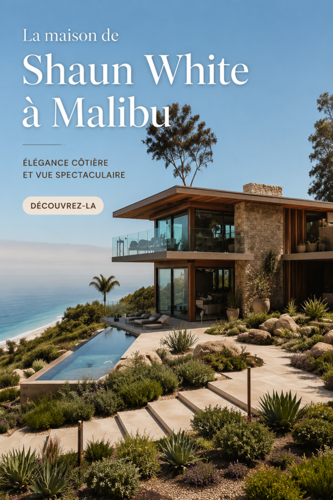 Vue extérieure de la maison de Shaun White à Malibu, avec un design moderne et des paysages environnants.