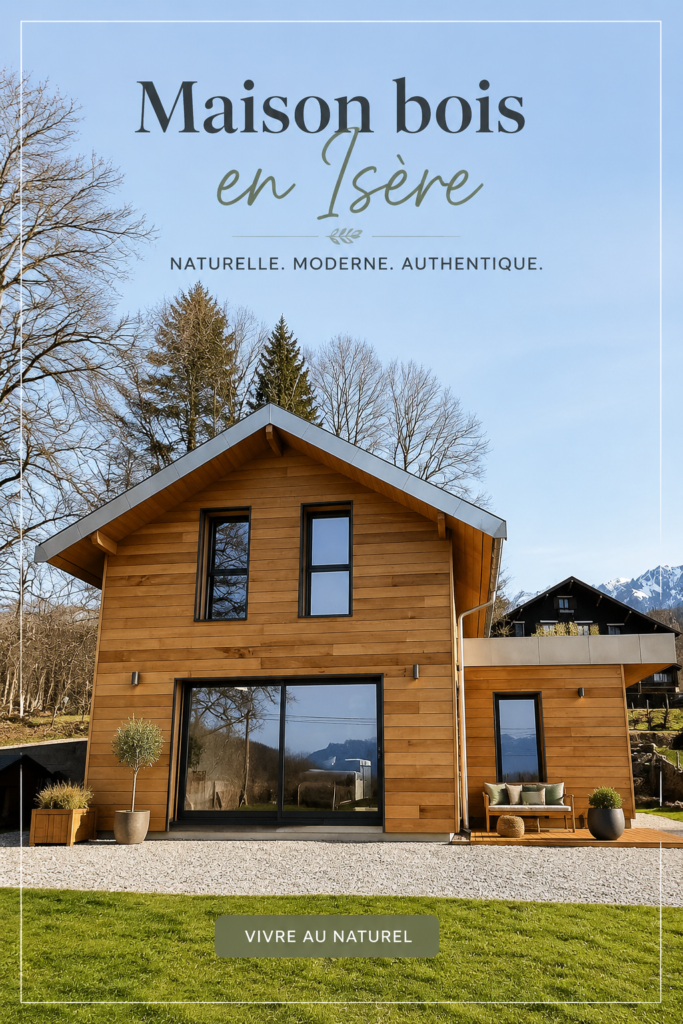 Maison en bois moderne située en Isère, alliant confort et nature.