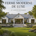 Maison de luxe moderne entourée d'un jardin paysager luxuriant.