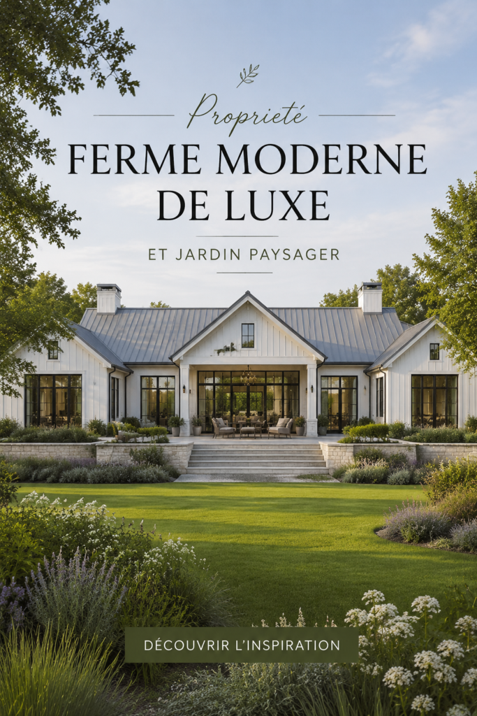 Maison de luxe moderne entourée d'un jardin paysager luxuriant.