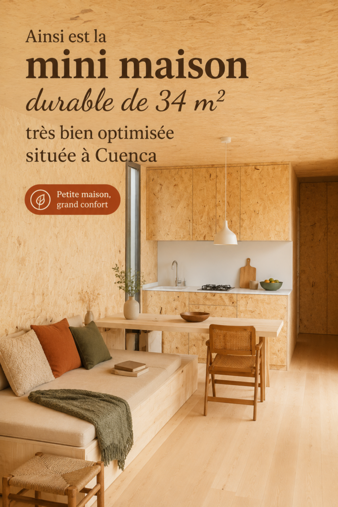Vue extérieure d'une mini maison durable de 34 m2 à Cuenca