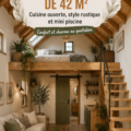Une petite maison rustique avec une cuisine ouverte et une mini piscine dans le jardin.