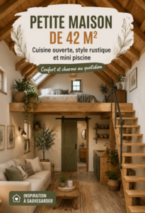 Une petite maison rustique avec une cuisine ouverte et une mini piscine dans le jardin.