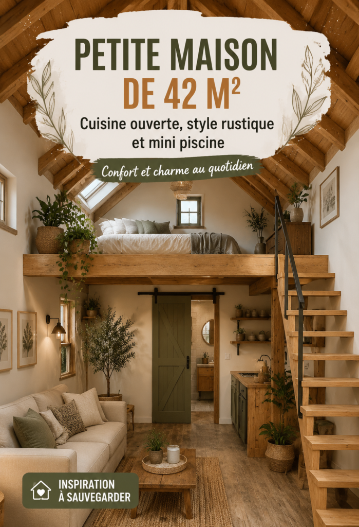 Une petite maison rustique avec une cuisine ouverte et une mini piscine dans le jardin.
