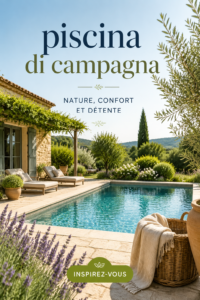 Piscine de campagne entourée de verdure et mobilier de jardin
