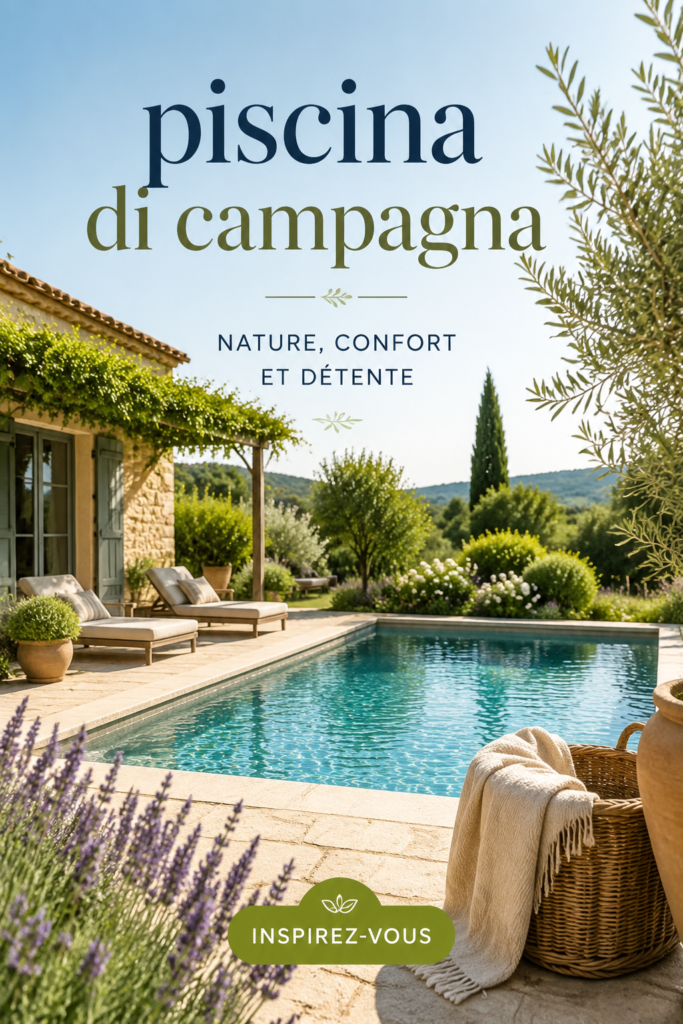 Piscine de campagne entourée de verdure et mobilier de jardin