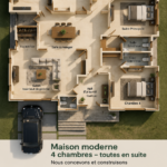 Plan d'une maison moderne avec 4 chambres et salles de bains privatives
