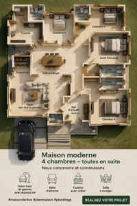 Plan d'une maison moderne avec 4 chambres et salles de bains privatives