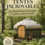 Une tente colorée installée dans un cadre naturel estival, parfaite pour des vacances en plein air.
