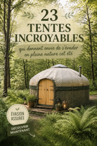 Une tente colorée installée dans un cadre naturel estival, parfaite pour des vacances en plein air.