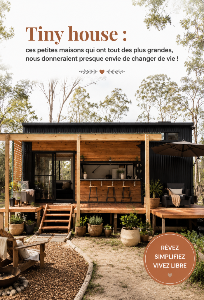 Une petite tiny house en bois au milieu d'un jardin verdoyant, illustrant le concept de vie minimaliste.