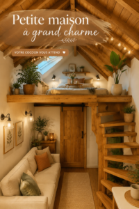 Vue panoramique d'une Tiny House en bois dans un écrin de verdure en France.