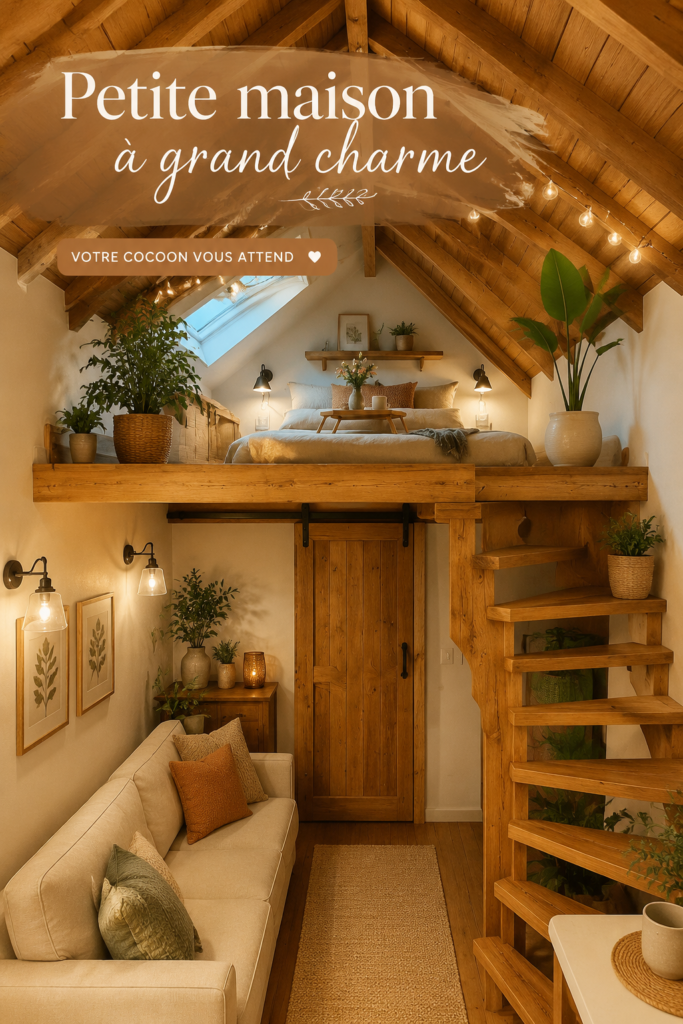 Vue panoramique d'une Tiny House en bois dans un écrin de verdure en France.