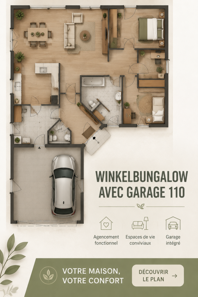 Visualisation d'un bungalow moderne avec garage , parfait pour une vie de famille