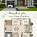 Bungalow gris moderne avec trois chambres, entouré d'un jardin verdoyant.