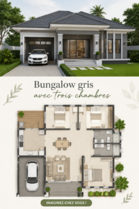 Bungalow gris moderne avec trois chambres, entouré d'un jardin verdoyant.