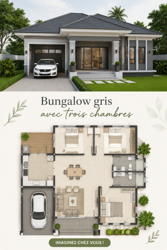 Bungalow gris moderne avec trois chambres, entouré d'un jardin verdoyant.