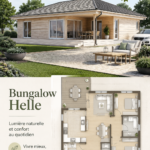 Bungalow Helle en bois Honka Blockhaus entouré de verdure.