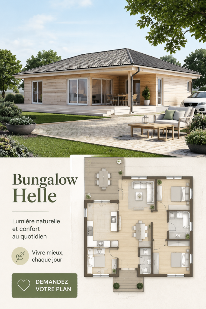 Bungalow Helle en bois Honka Blockhaus entouré de verdure.