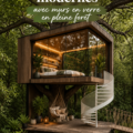Cabanes modernes dans les arbres avec de grandes fenêtres en verre au milieu de la forêt.