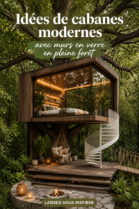 Cabanes modernes dans les arbres avec de grandes fenêtres en verre au milieu de la forêt.