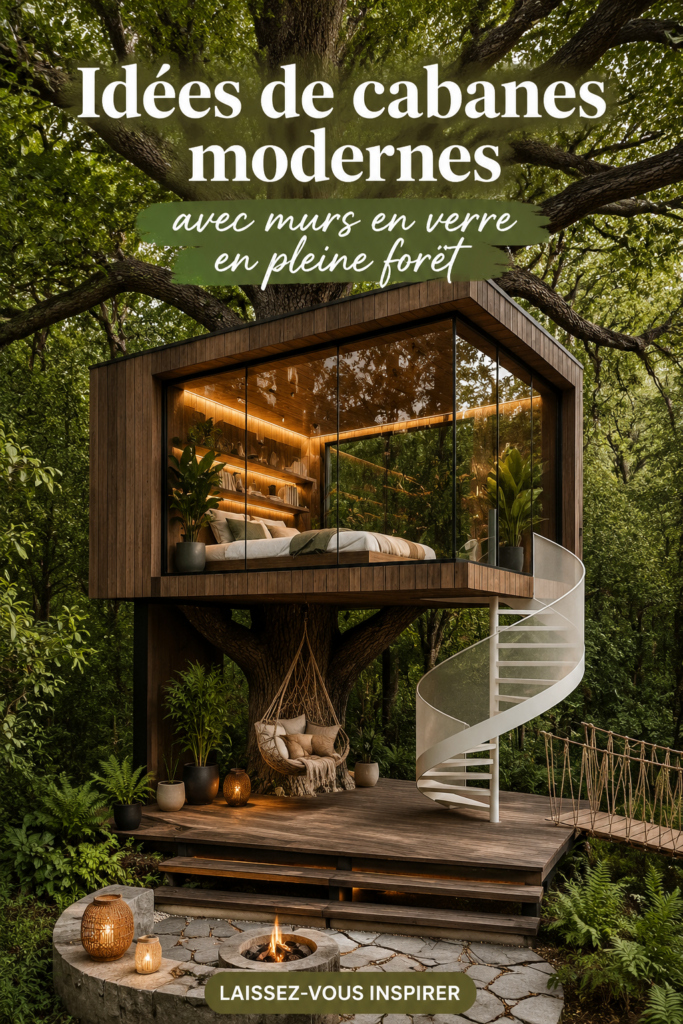 Cabanes modernes dans les arbres avec de grandes fenêtres en verre au milieu de la forêt.