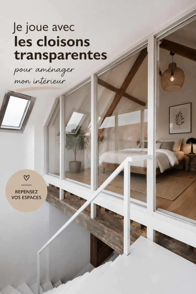 Intérieur moderne avec des cloisons transparentes, créant des espaces fluides et lumineux.
