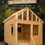 Cabane en bois sous construction sur pilotis, offrant une vue sur un jardin verdoyant